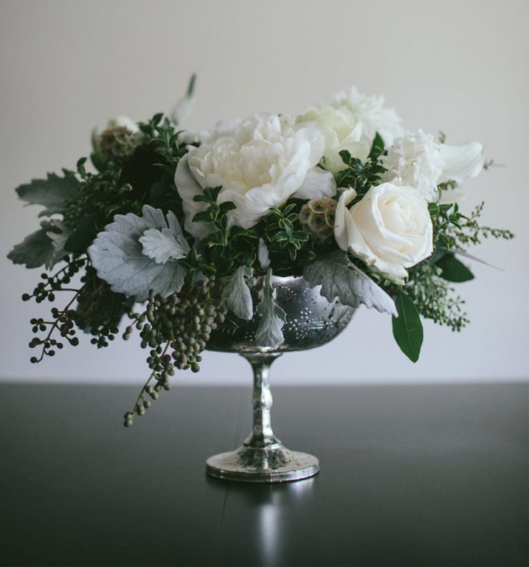 Elegant White arrangement peonies dusty miller florist Pasadena CA