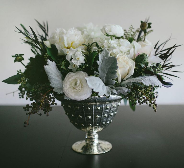 Small, Textural Arrangement white flowers dusty miller floral arrangement florist Pasadena CA