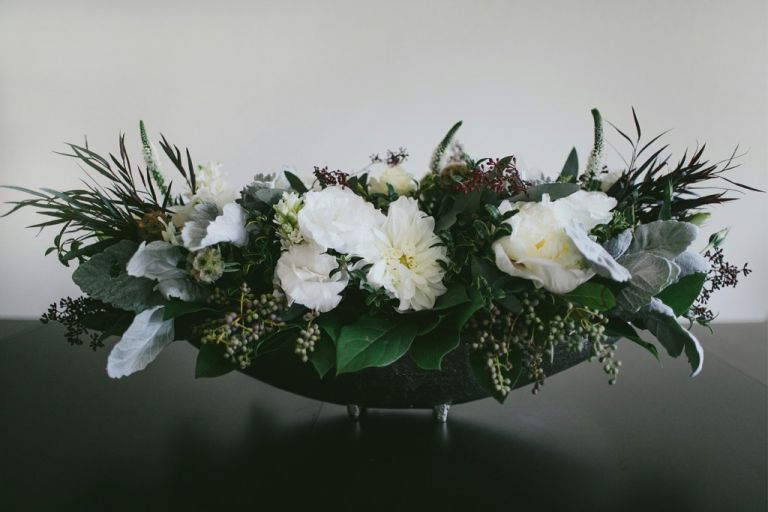 White and Burgundy Floral with Dusty Miller in Long Vessel - florist Pasadena CA